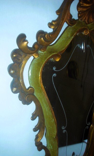 Καθρέφτης τοίχου  - Κάδρο χαραγμένο σε ξύλο με φύλλο χρυσού και καθρέφτη επεξεργασμένο με οξύ πάνω σε ασήμι. - Ζευγάρι καθρεφτών με κέρατα #2.1