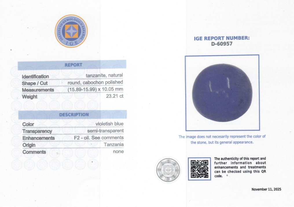 Blue Tanzanite - 23.21 ct - Instituto Gemólogico Español (IGE) #2.1