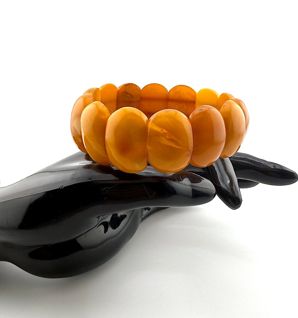 Bracciale a manetta con cabochon in ambra baltica naturale bianca antica con motivo - Ambra - Succinite / fossilized pine tree resin #2.1