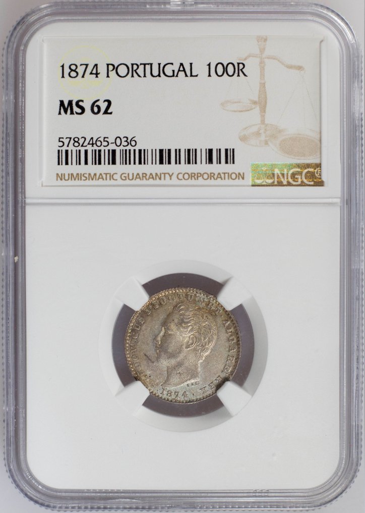 Portogallo. D. Luís I (1861-1889). 100 Reis 1874 - NGC - MS 62 - Escassa #2.1