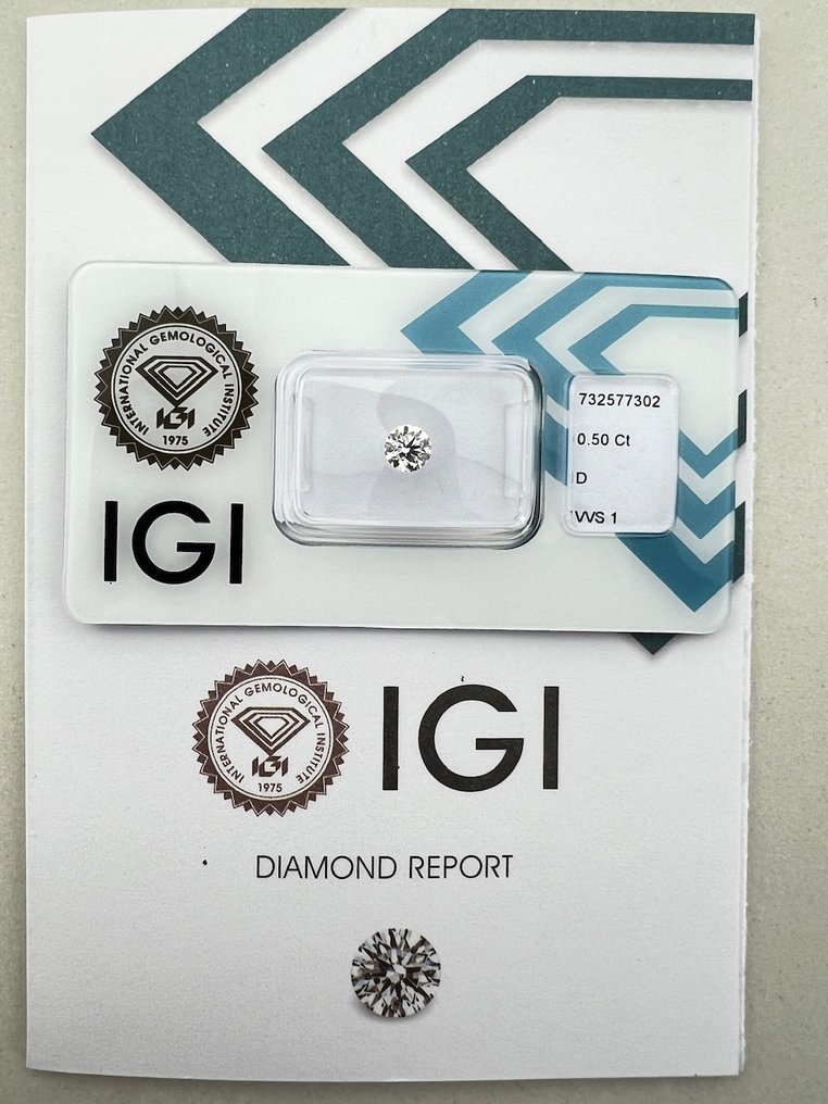 1 pcs 钻石 (天然) - 0.50 ct - 圆形 - D (无色) - VVS1 极轻微内含一级 - 国际宝石研究院(IGI) #1.0