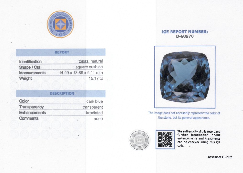 Blå Topas - 15.17 ct - Instituto Gemólogico Español (IGE) #2.1