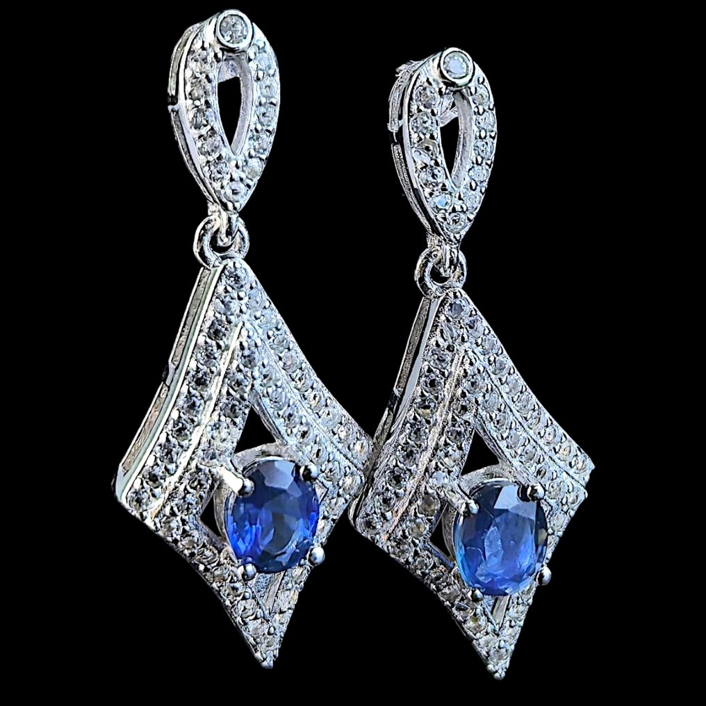 没有保留价 - 耳环 银, Pietra Naturale 蓝宝石耳环 - 1.00ct. tw. 蓝宝石 - 椭圆形切割 #1.0