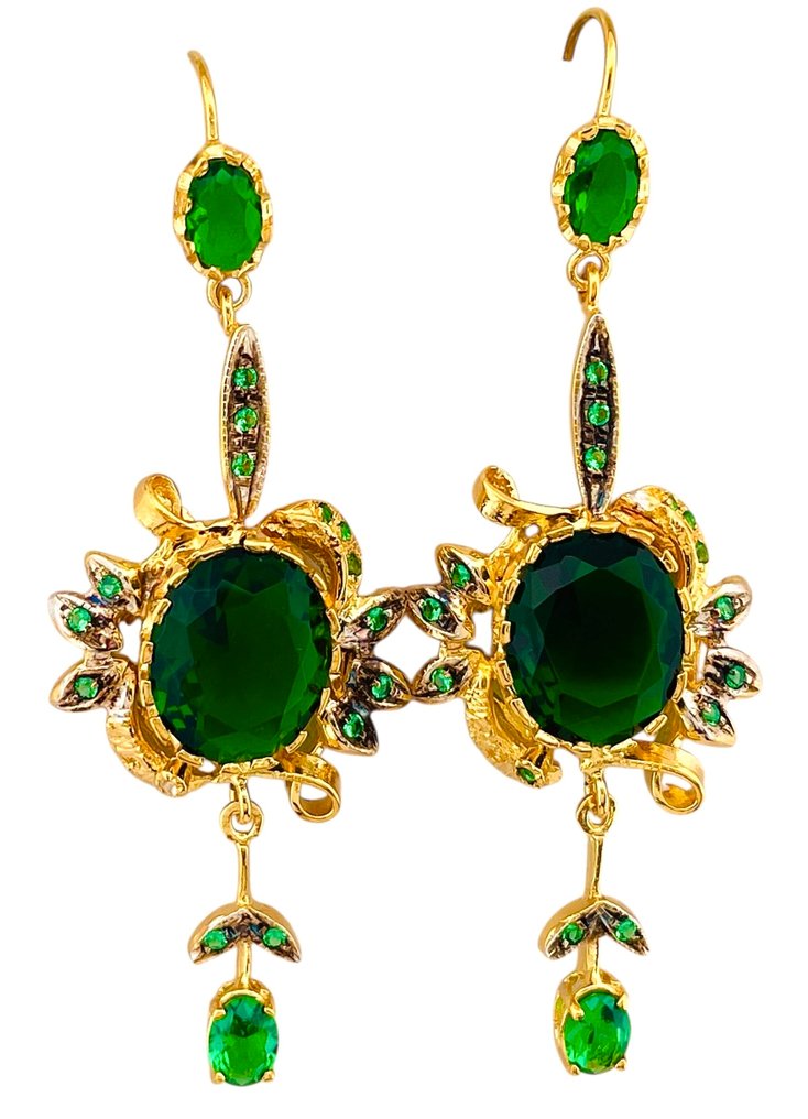 沒有保留價 - 耳環 - 9 節 黃金, 銀 祖母綠 #4.3