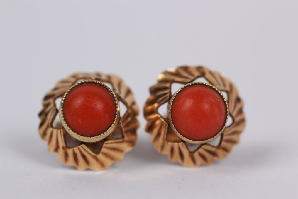 沒有保留價 - 耳環 - 14 克拉 黃金 珊瑚 - 复古设计 #1.0