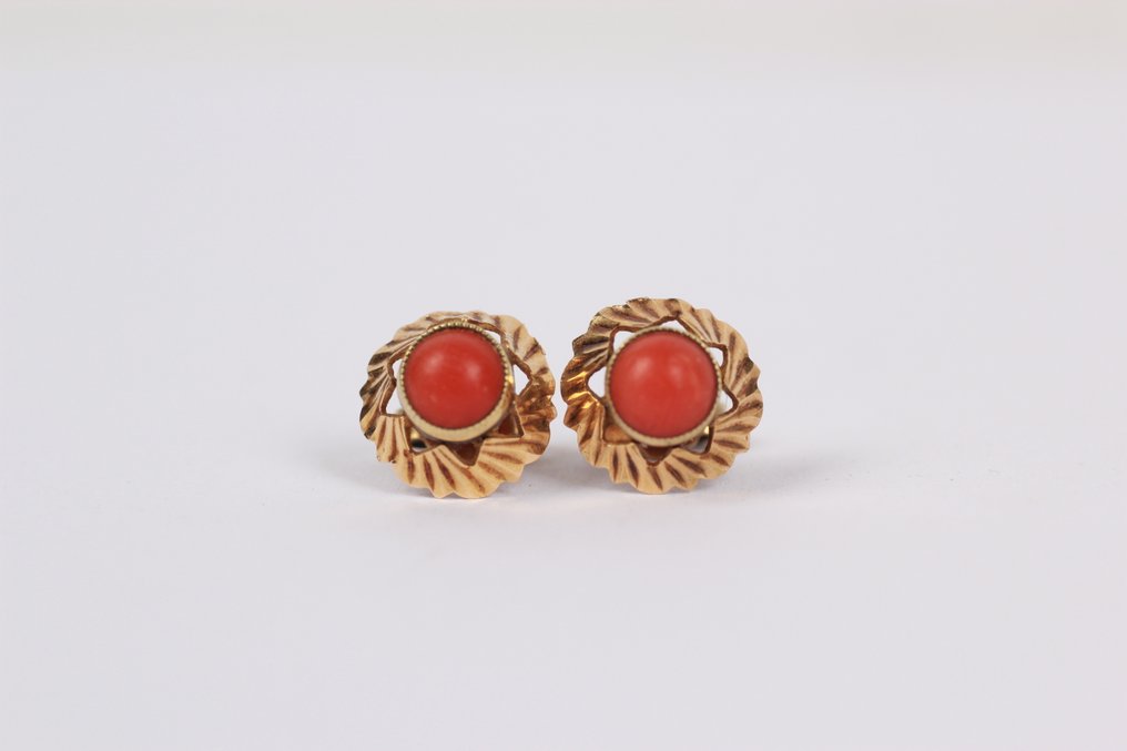 沒有保留價 - 耳環 - 14 克拉 黃金 珊瑚 - 复古设计 #1.0