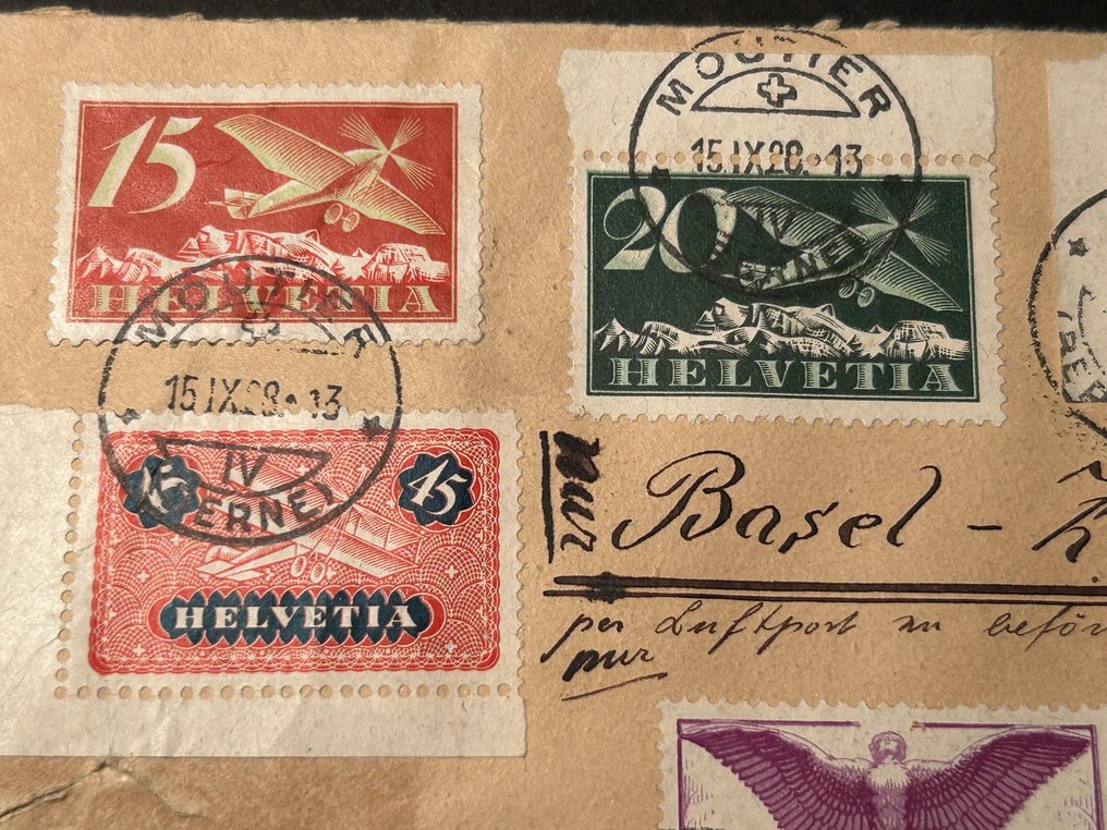 Ganzsache (6) - Schweiz - 1928 Einschreiben nach Italien frankiert mit vollständiger Serie Luftpost // und 5 Flüge #1.0