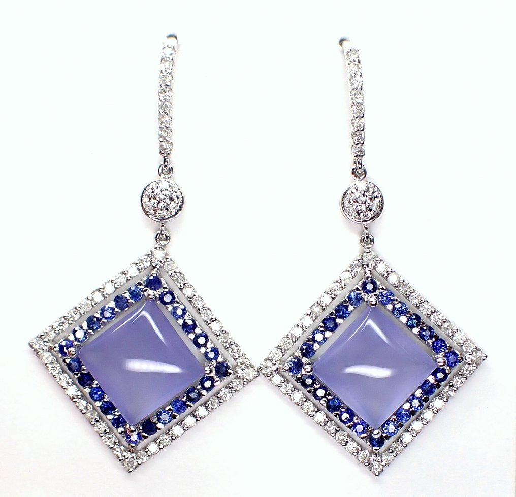 Boucles d'oreilles - 18 carats Or blanc -  7.84ct. tw. Calcédoine - Diamant - Diamant et Saphir *IGI* #1.0