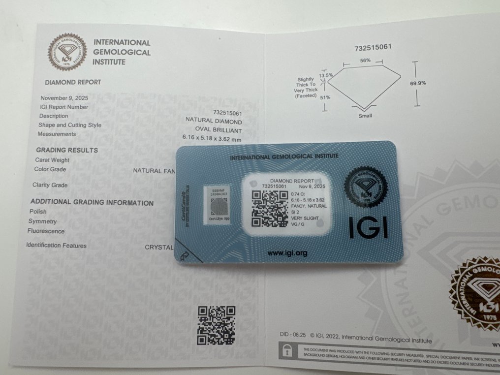 没有保留价 - 1 pcs 钻石  (天然色彩的)  - 0.74 ct - 椭圆形 - Fancy light 稍帶黄色的, 棕色 - SI2 微内含二级 - 国际宝石研究院（IGI） #2.1