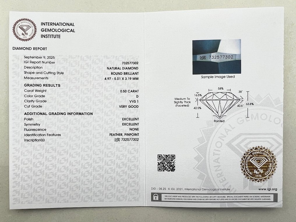 1 pcs 钻石 (天然) - 0.50 ct - 圆形 - D (无色) - VVS1 极轻微内含一级 - 国际宝石研究院(IGI) #3.2