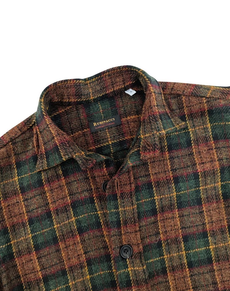 RRP 950€ RUBINACCI NAPOLI Brown Green Checks Overshirt Jacket Flannel Wool - Size S - Jas - Nieuw met tags #4.3