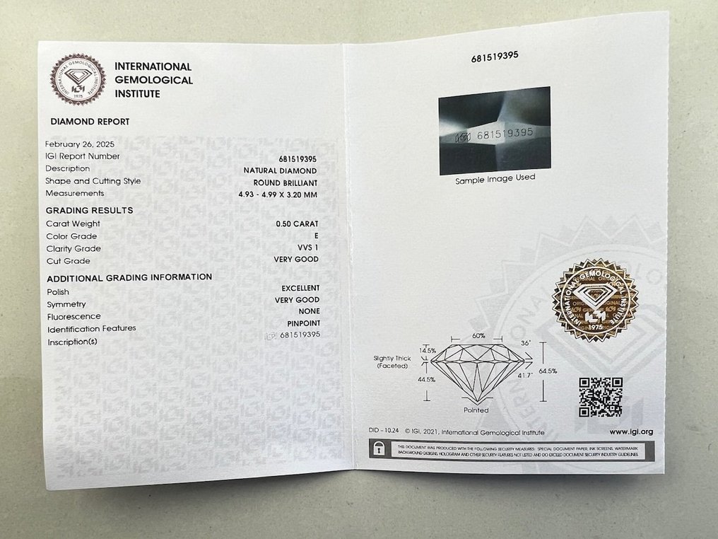 1 pcs Diamant (Natürlich) - 0.50 ct - Rund - E - VVS1 - International Gemological Institute (IGI) #2.1