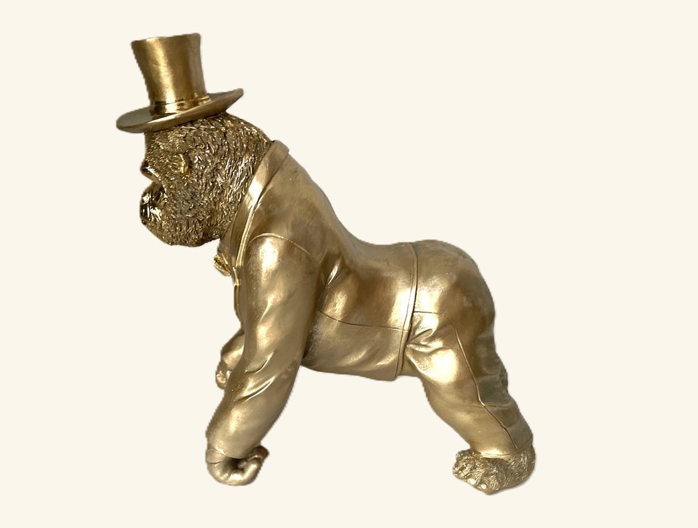 Sculpture, gentleman Gorilla with hat in gold - 26 cm - Resin #2.1