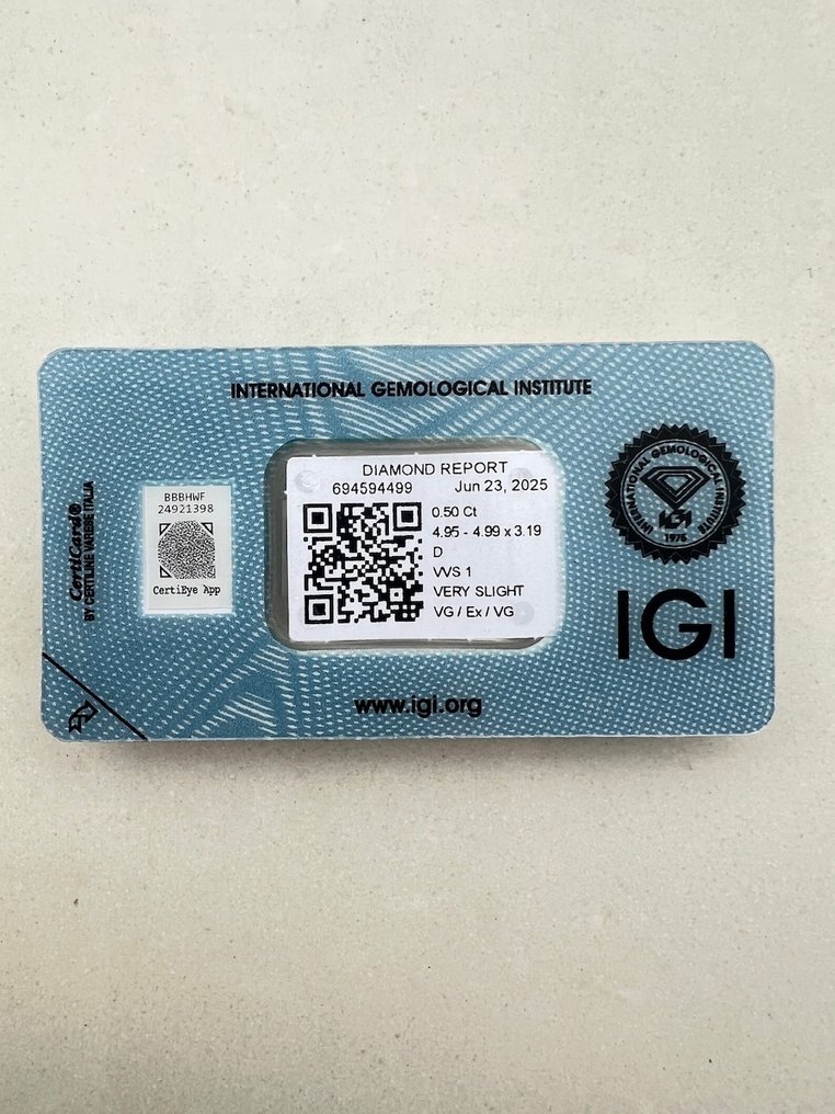 1 pcs Diamond (Natural) - 0.50 ct - Round - D (colourless) - VVS1 - International Gemological Institute (IGI) #2.1