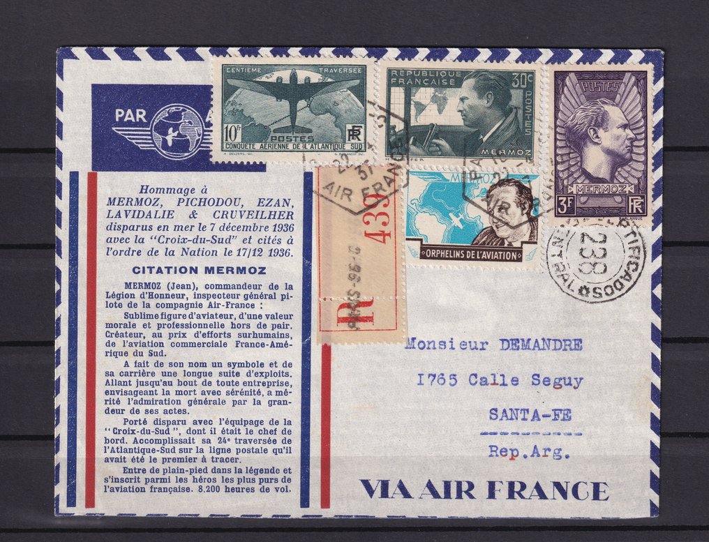 法国 1937 - 为阿根廷写的一封精彩的信，纪念Mermoz等人的逝世，非常精彩。 #1.0