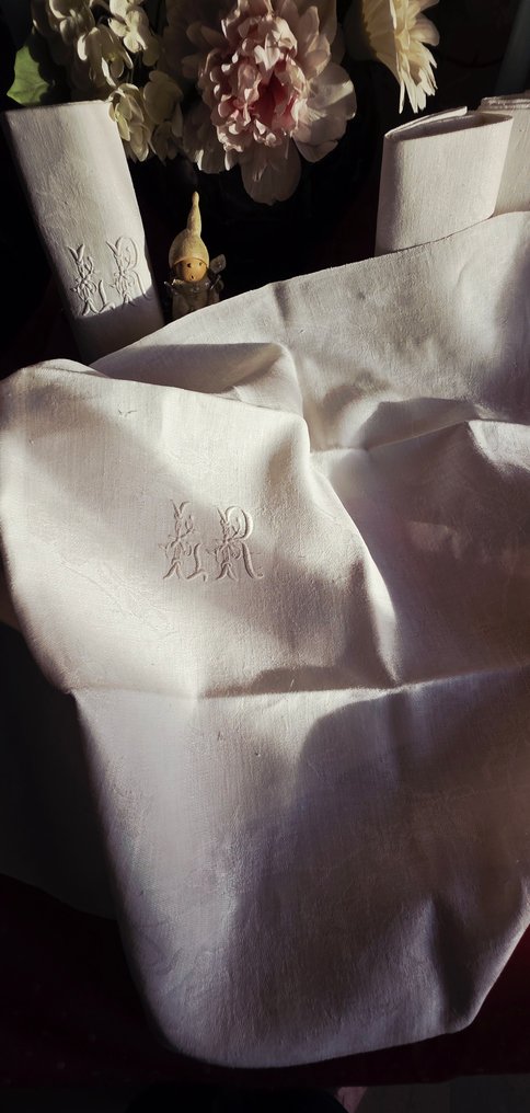12条漂亮的提花亚麻餐巾，带有L R的字母组合。 - 餐巾 (12)  - 70 cm - 60 cm #3.2