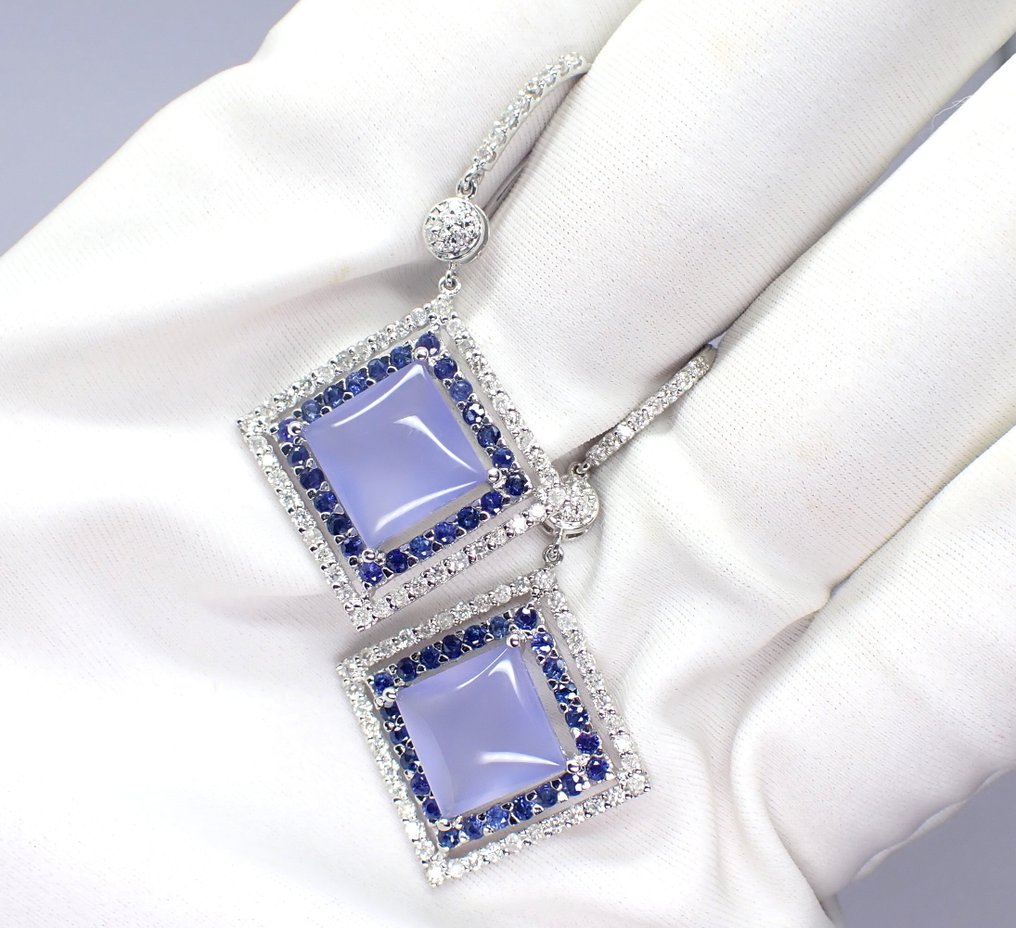 Boucles d'oreilles - 18 carats Or blanc -  7.84ct. tw. Calcédoine - Diamant - Diamant et Saphir *IGI* #3.2