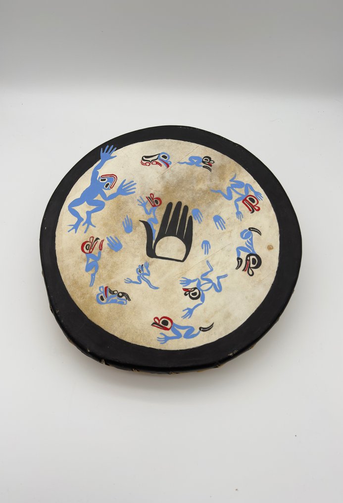 Tamburo Huron-Wendat autentico (Wendake, 2000) – motivi Frog Tribe / Nishga – con mazzuola - Tamburo a mano (Hand Drum) - Huron-Wendat - Stati Uniti #1.0