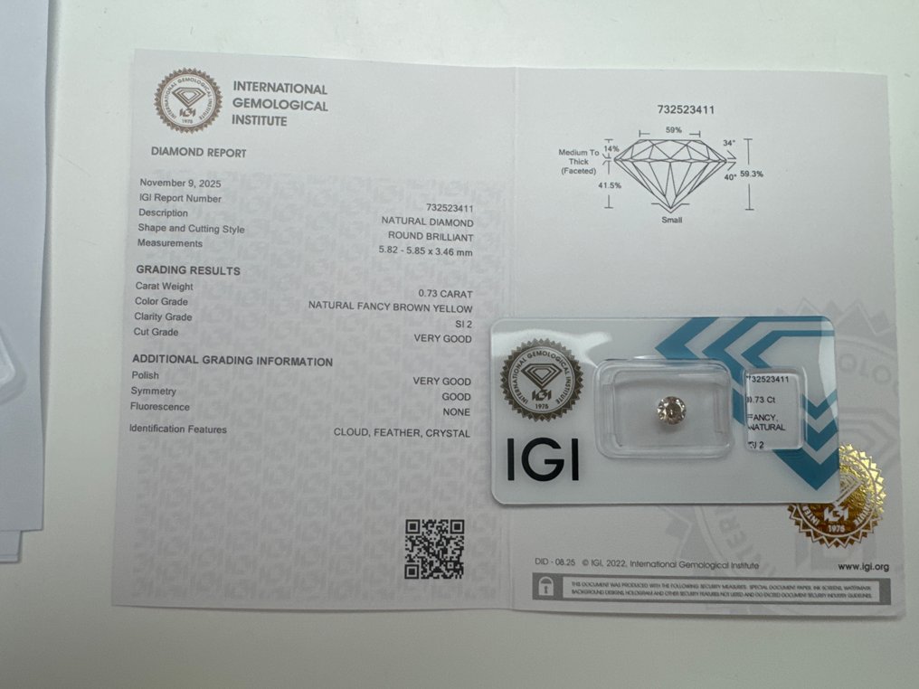 没有保留价 - 1 pcs 钻石  (天然色彩的)  - 0.73 ct - 圆形 - Fancy 棕色, 黄色 - SI2 微内含二级 - 国际宝石研究院（IGI） #1.0