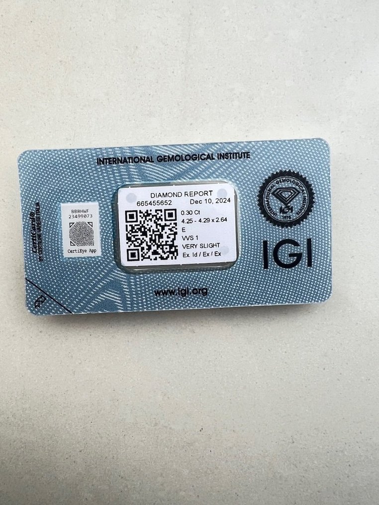 1 pcs 钻石 (天然) - 0.30 ct - 圆形 - E - VVS1 极轻微内含一级 - 国际宝石研究院(IGI) #1.0