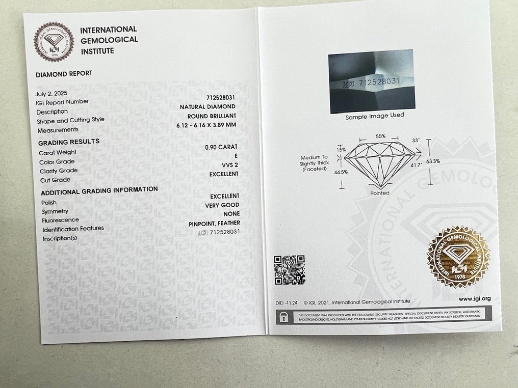 1 pcs Gyémánt (Természetes) - 0.90 ct - Kerek - E - VVS2 - Nemzetközi Gemmológiai Intézet (IGI) #3.2