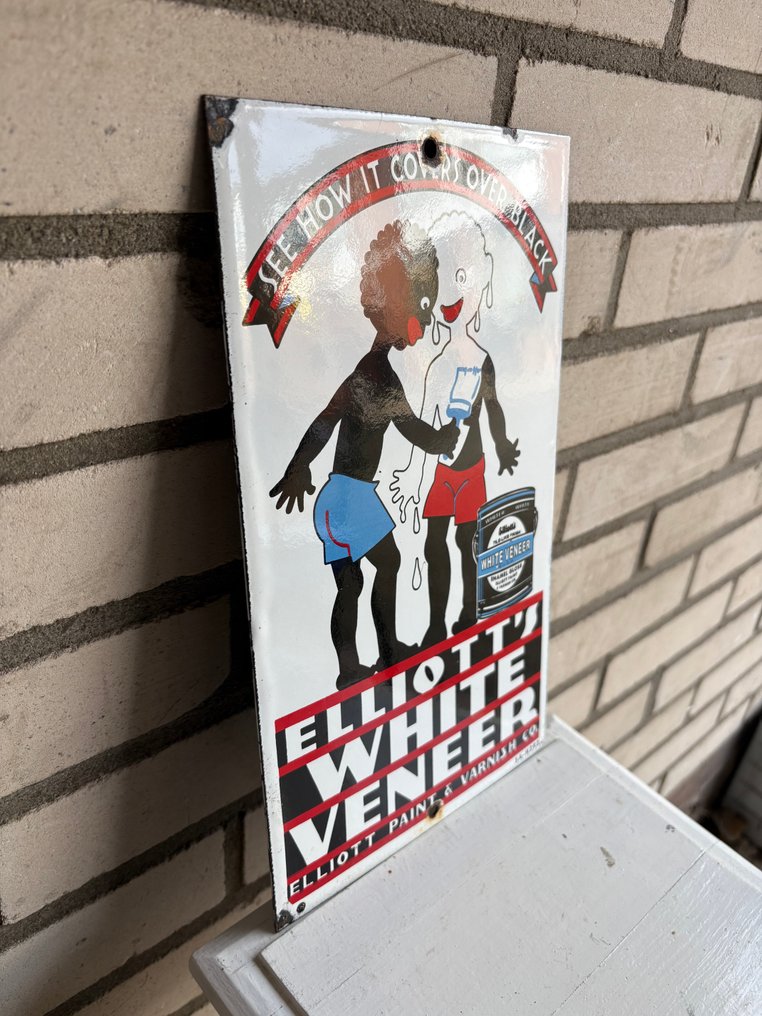 Emaille-Werbetafel - Elliott’s White Veneer – Emaille Bord – Historisch Reclameobject met Gevoelige Illustratie - Emailleschild - Emaille, Metall #3.2