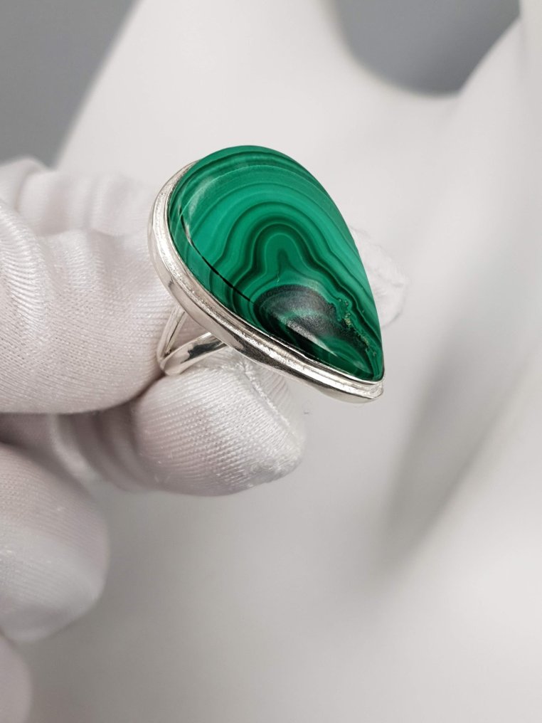 銀, 戒指直径：19 毫米 / 天然孔雀石 / 免运费 - 戒指 #3.2