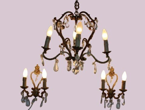 Hanging lamp (3) - Bronze, Crystal - 2 matching appliques #1.0