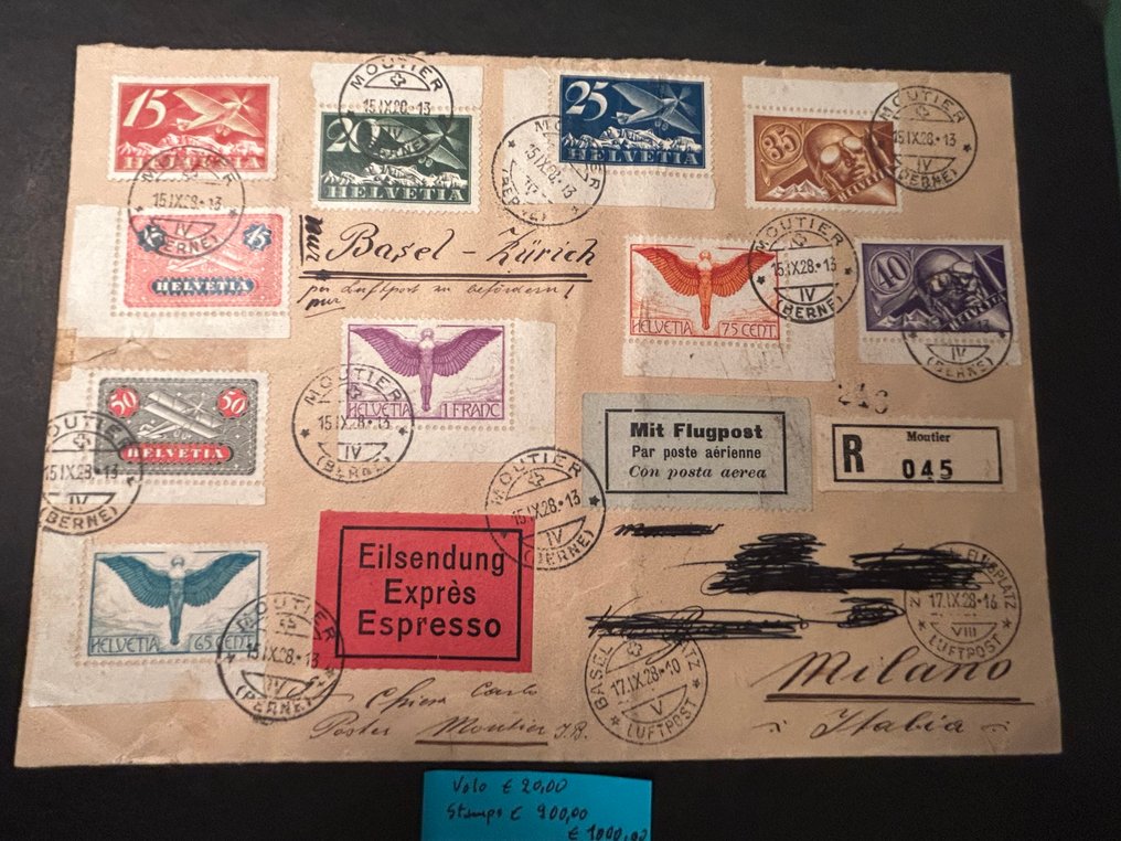 Ganzsache (6) - Schweiz - 1928 Einschreiben nach Italien frankiert mit vollständiger Serie Luftpost // und 5 Flüge #1.0