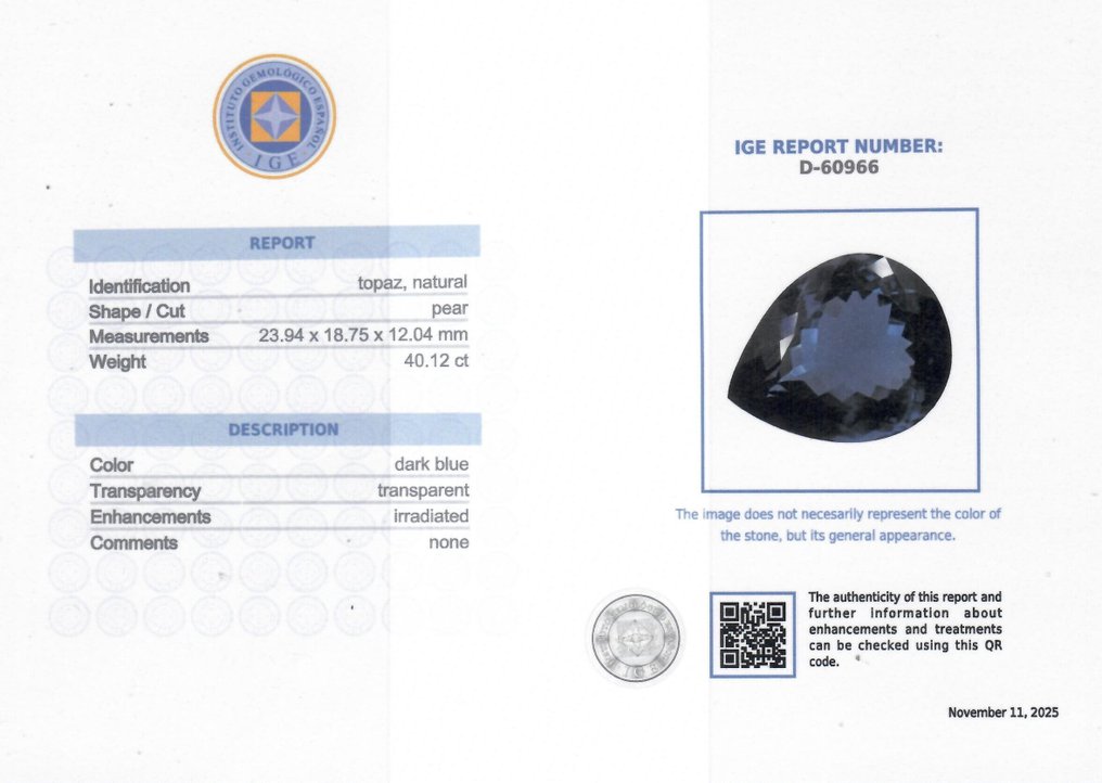 蓝色 黄宝石 - 40.12 ct - 西班牙宝石学院(IGE) #2.1