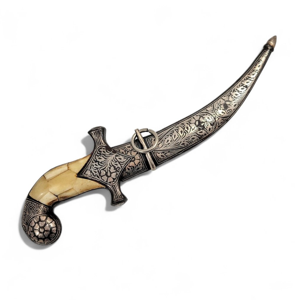 Daggert - Fine Ikhanjar with Damascus blade, Mughal-style silver koftgari and bone grip - Asien - 1980-1990 #1.0