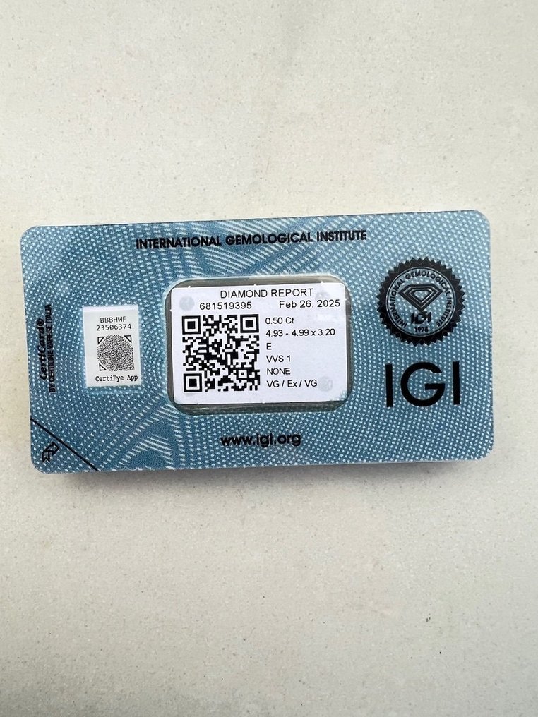 1 pcs Diamant (Natürlich) - 0.50 ct - Rund - E - VVS1 - International Gemological Institute (IGI) #1.0