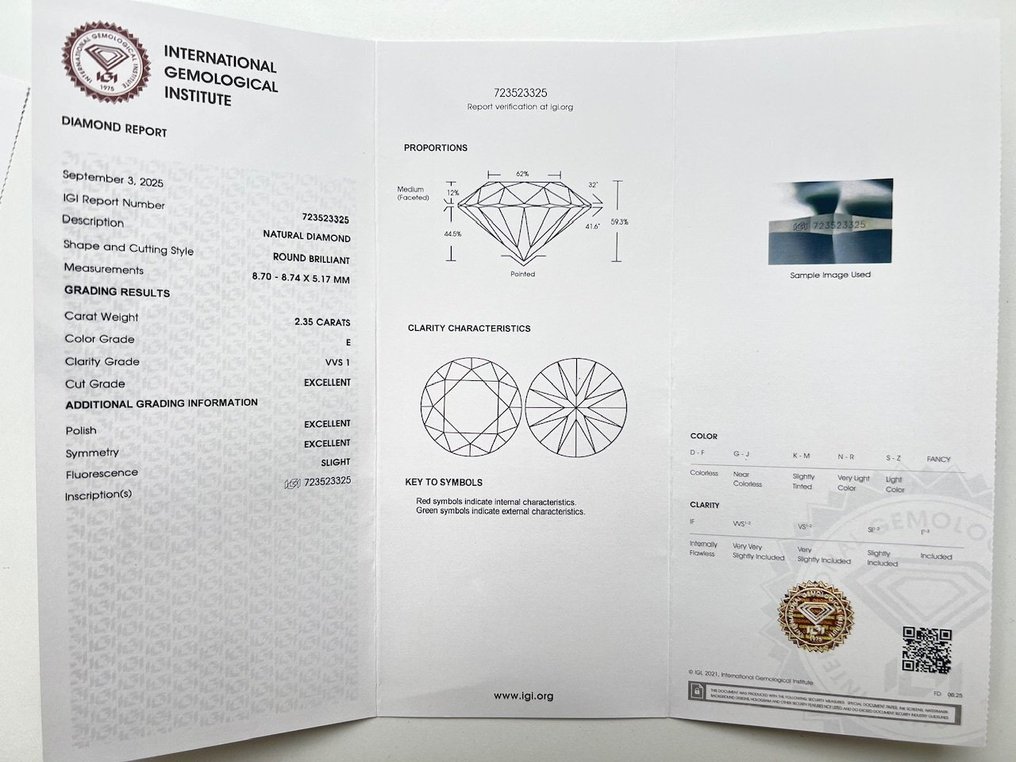 1 pcs 鑽石 (天然) - 2.35 ct - 圓形 - E(近乎完全無色) - VVS1 - 國際寶石學院(International Gemological Institute (IGI)) - 免运费 #4.3
