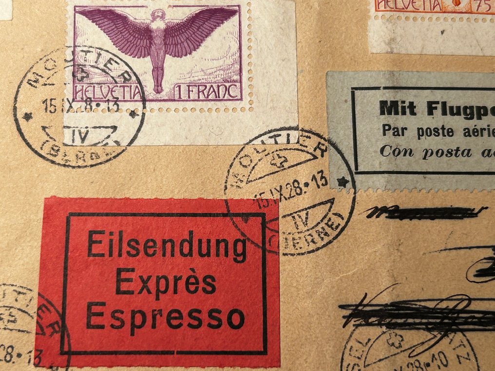 Ganzsache (6) - Schweiz - 1928 Einschreiben nach Italien frankiert mit vollständiger Serie Luftpost // und 5 Flüge #4.3