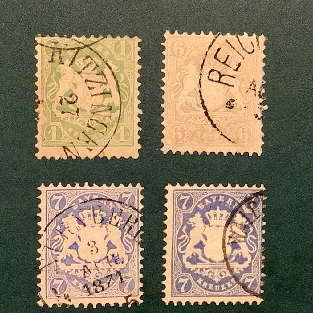 Bavaria 1870/1875 - 4 keräilykilpiä, leimat, hyväksytyt Brettl. - Michel 22, 24x, 25xa en 25xb #3.2