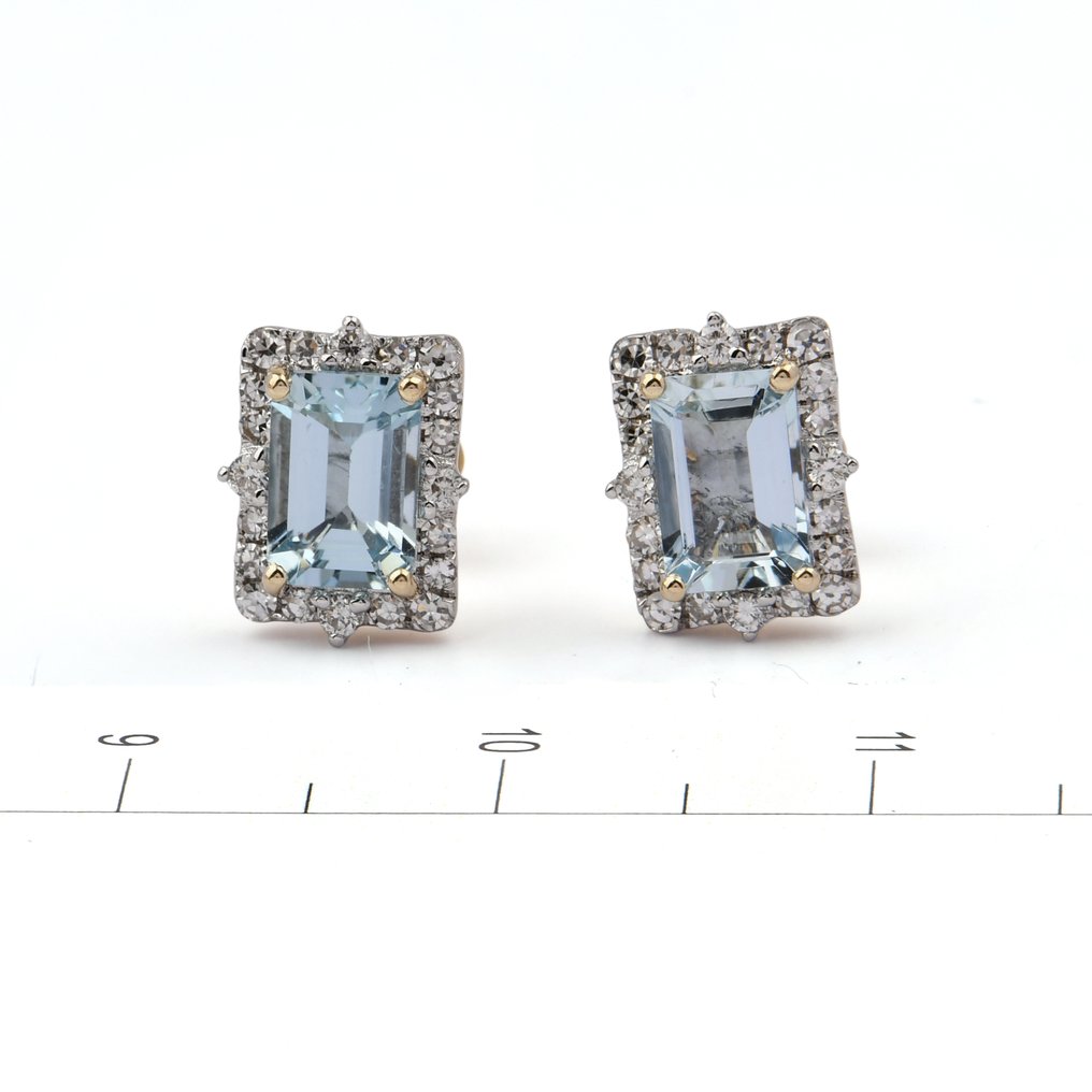 Σκουλαρίκια - 14 καράτια Κίτρινο χρυσό -  1.22ct. tw. Ακουαμαρίνης - Διαμάντι #1.0