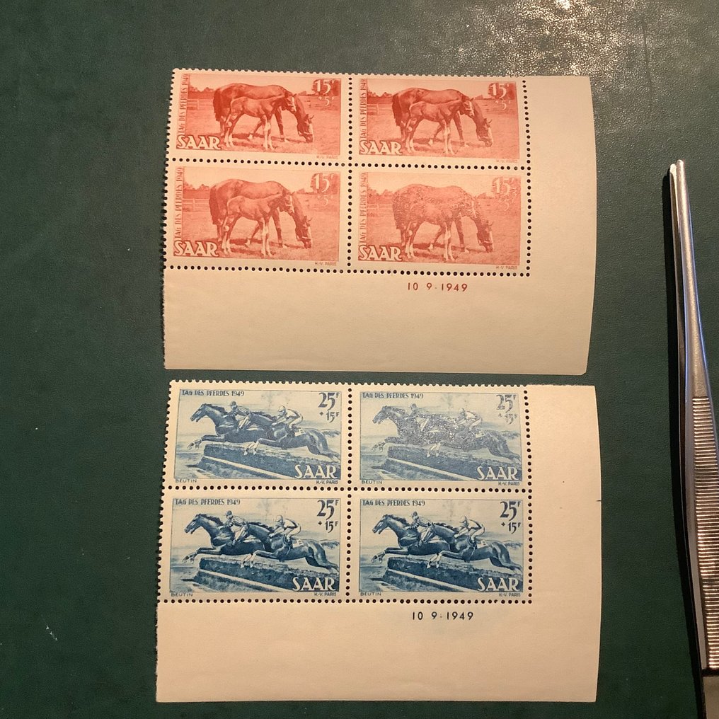 Saarland 1949 - Horse Day in a block of four with print date. - Michel 265/266, 265 Br en 266 Br #1.0
