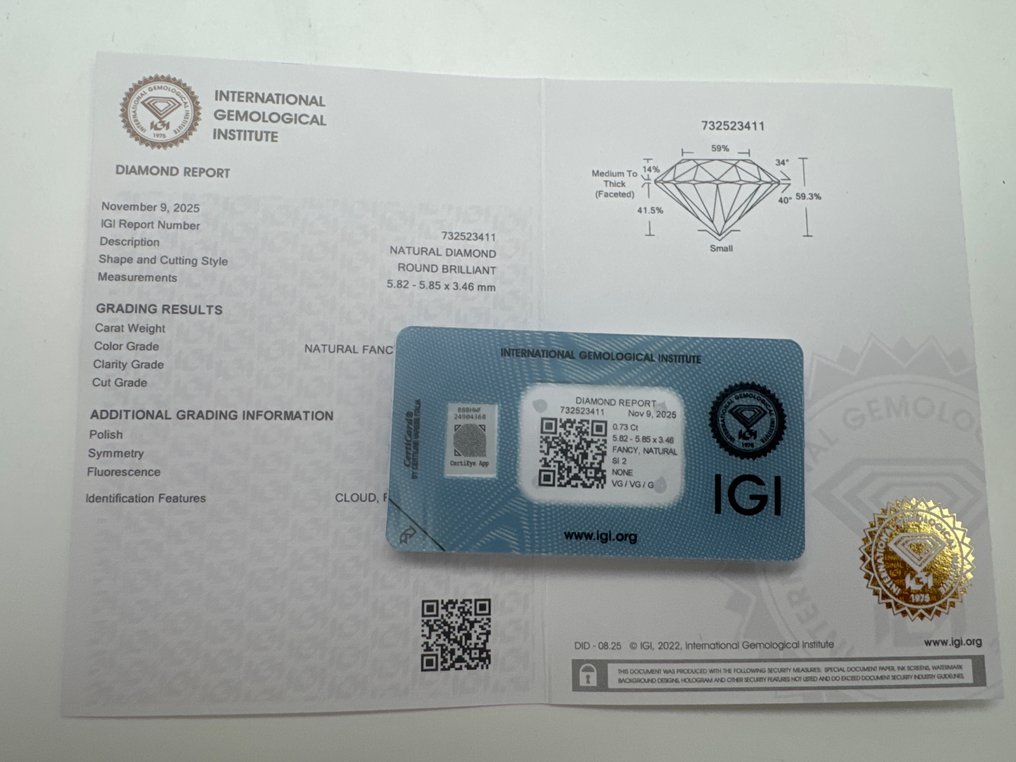 没有保留价 - 1 pcs 钻石  (天然色彩的)  - 0.73 ct - 圆形 - Fancy 棕色, 黄色 - SI2 微内含二级 - 国际宝石研究院（IGI） #2.1