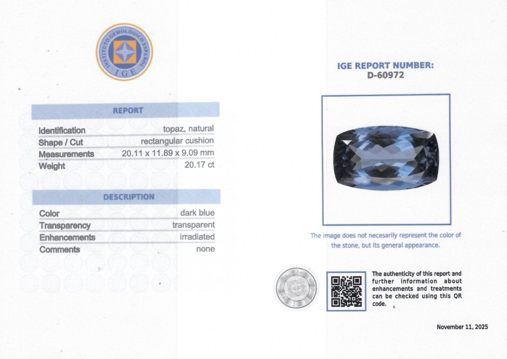 Μπλε Τοπάζιο - 20.17 ct - Instituto Gemólogico Español (IGE) #2.1