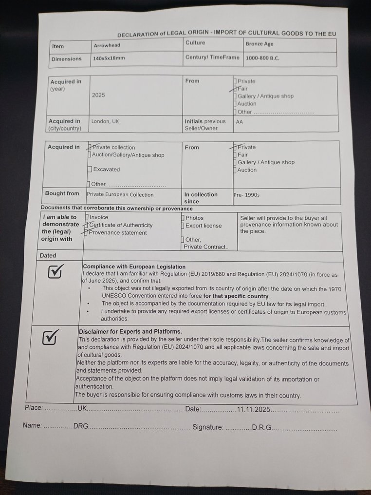 Bronze Age Bronze Narrow Arrowhead - 140 mm  (No reserve price) #4.3