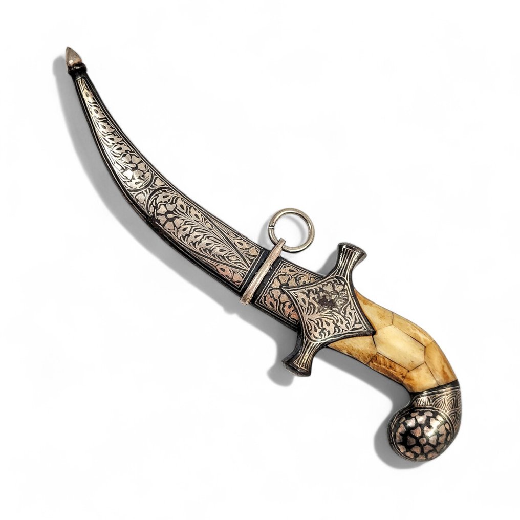 Daggert - Fine Ikhanjar with Damascus blade, Mughal-style silver koftgari and bone grip - Asien - 1980-1990 #1.0