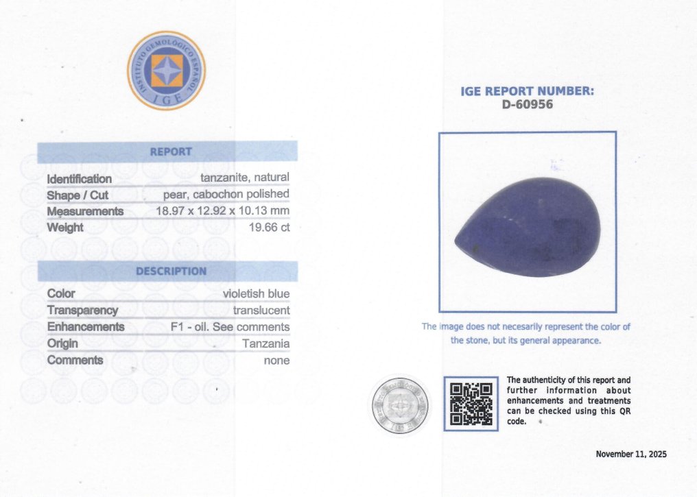 Blau Tansanit  - 19.66 ct - Instituto Gemólogico Español (IGE) - Öl Minor #2.1