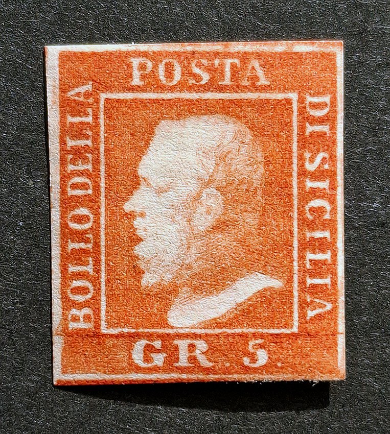 意大利古城邦-西西里 1859 - 5克朱砂，第二版，新带橡胶 - Sassone N. 11 #1.0