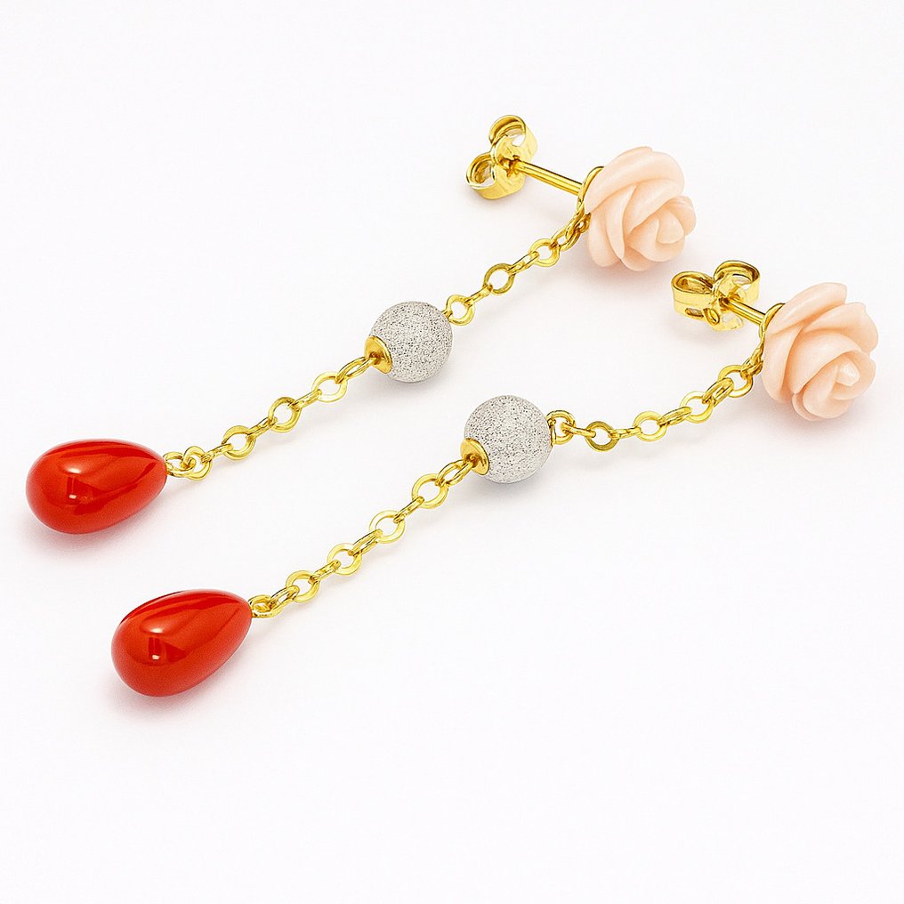 没有保留价 - 耳环 - 18K包金 黄金, 白金 珊瑚 - 珊瑚 #4.3