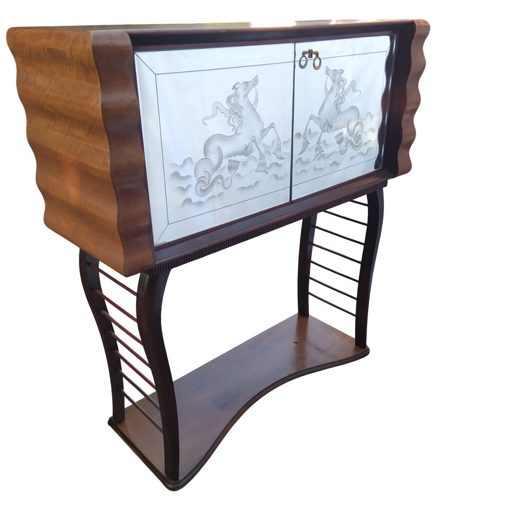 Manifattura Italiana - 酒櫃 - 海之珀加索，波塞冬的海马，海王尼普顿 - 木, 玻璃 - 优雅的移动酒吧 40 #1.0