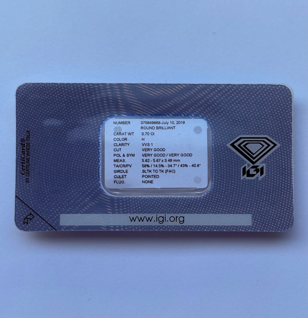 1 pcs Diamant (Natural) - 0.70 ct - Rotund - H - VVS1 - IGI (Institutul gemologic internațional) #1.0