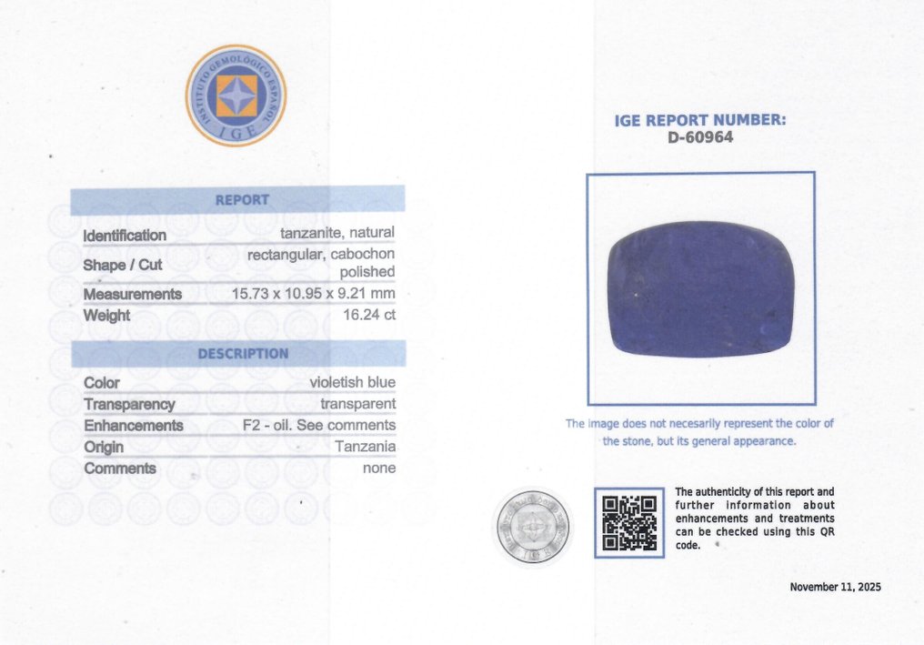 Blå Tanzanit  - 16.24 ct - Instituto Gemólogico Español (IGE) #2.1