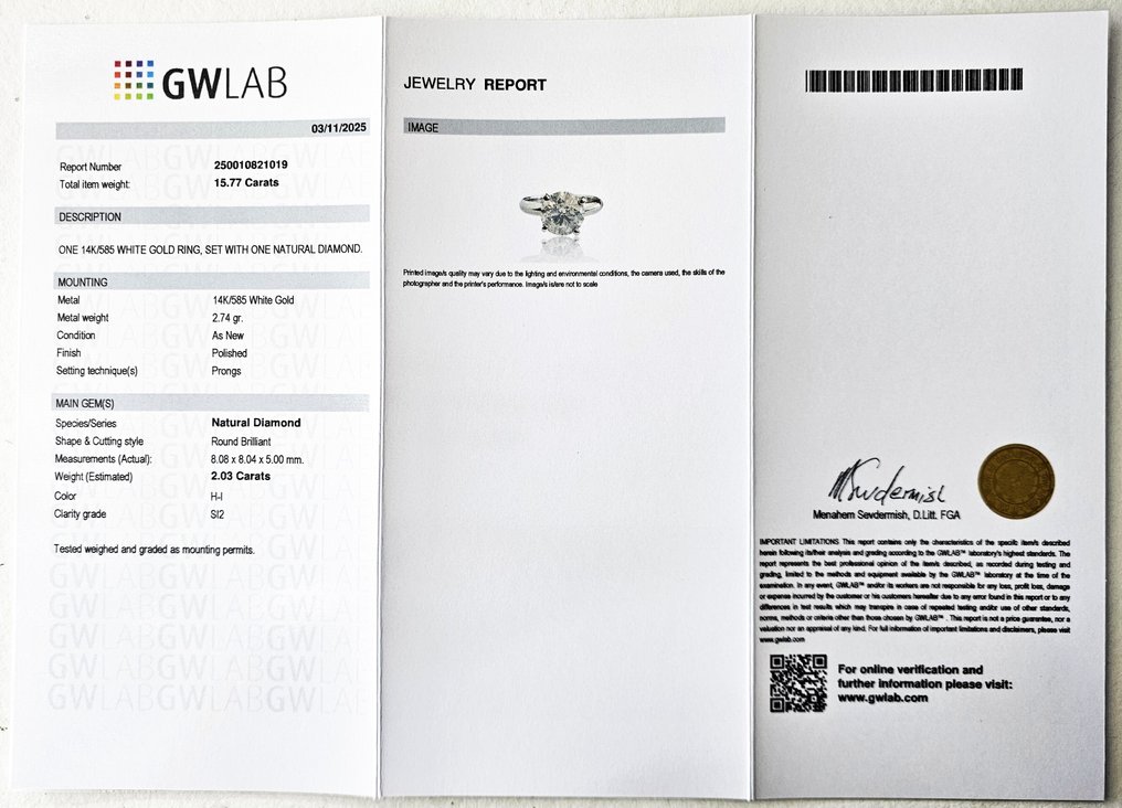Jegygyűrű - 14 kt. Fehér arany - 2.03ct. tw. Gyémánt (Természetes) - SI2 #2.1