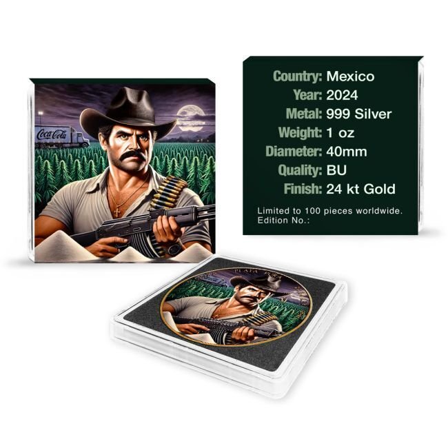 Mexico. 1 Onza 2024 1 oz Mexican Libertad El Narco 24k Gold Gilded Colorized Silver Coin #1.0