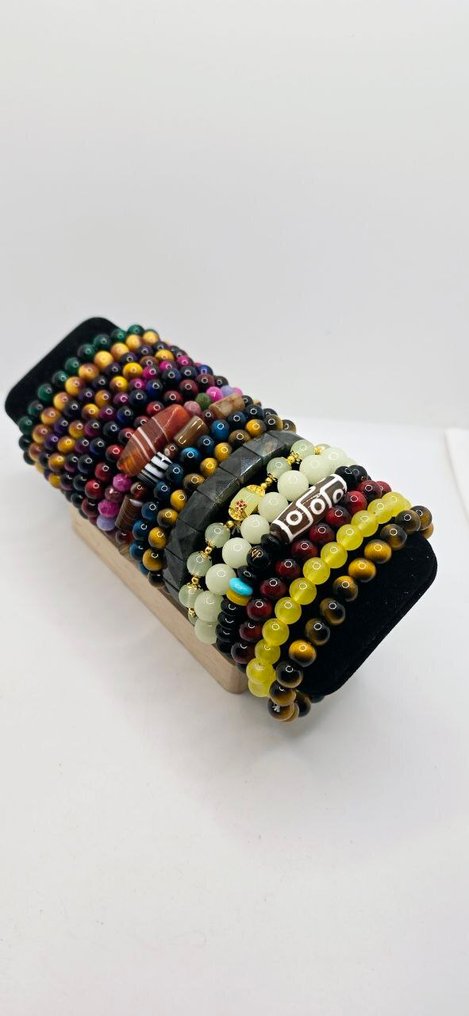 天然矿物:缅甸玉 - 翡翠 - 海水蓝宝石 - 电气石 - 虎眼石 - 博茨瓦纳玛瑙 - 手镯 #4.3